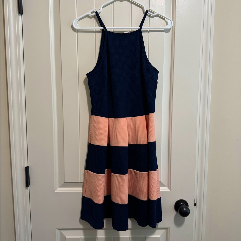 Navy and Peach Striped Fit & Flare Dress